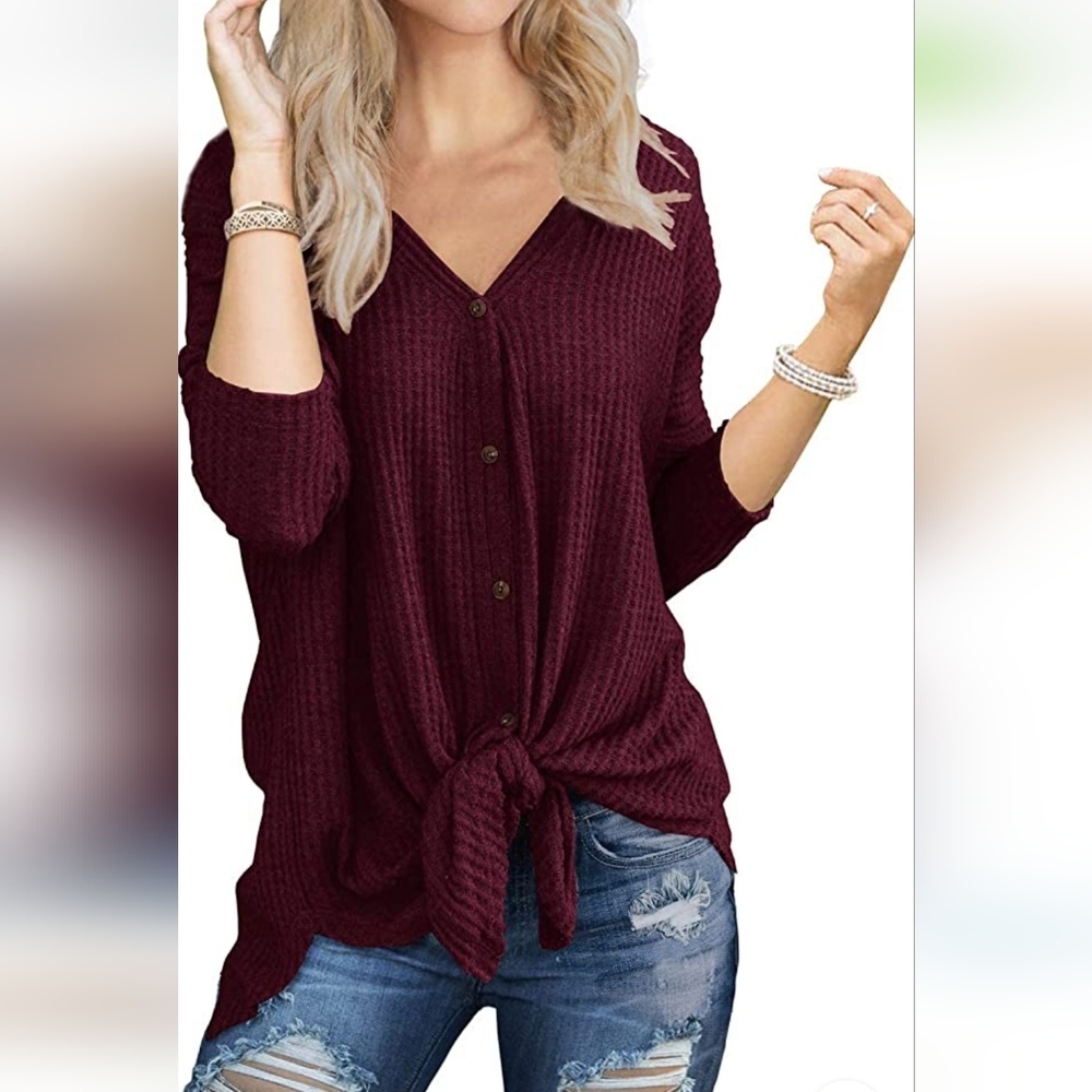 Women's waffle knit tunic tie blouse